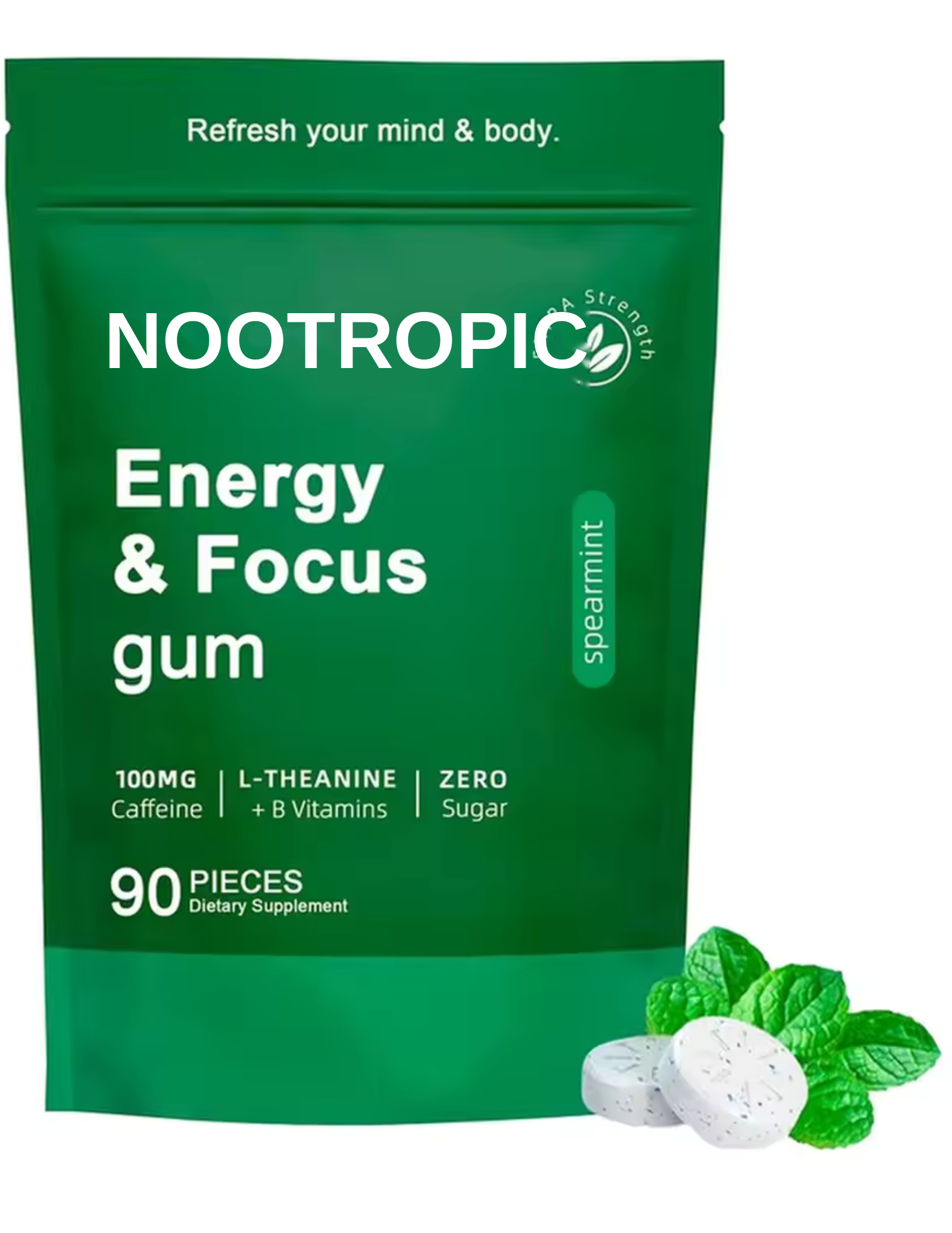 Nootropic Energy & Focus Gum – 90 piece bag, spearmint flavor